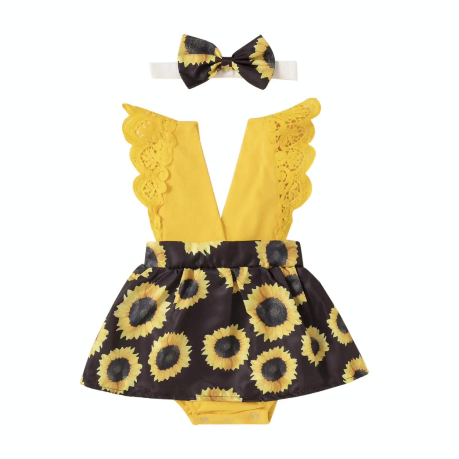 Yellow Sunflower Lace V-Neck Dress with Bow Headwear