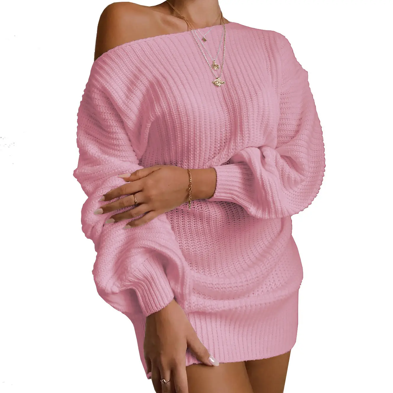 2025 Off-Shoulder Knitted Sweater Dress Beige - Image 2