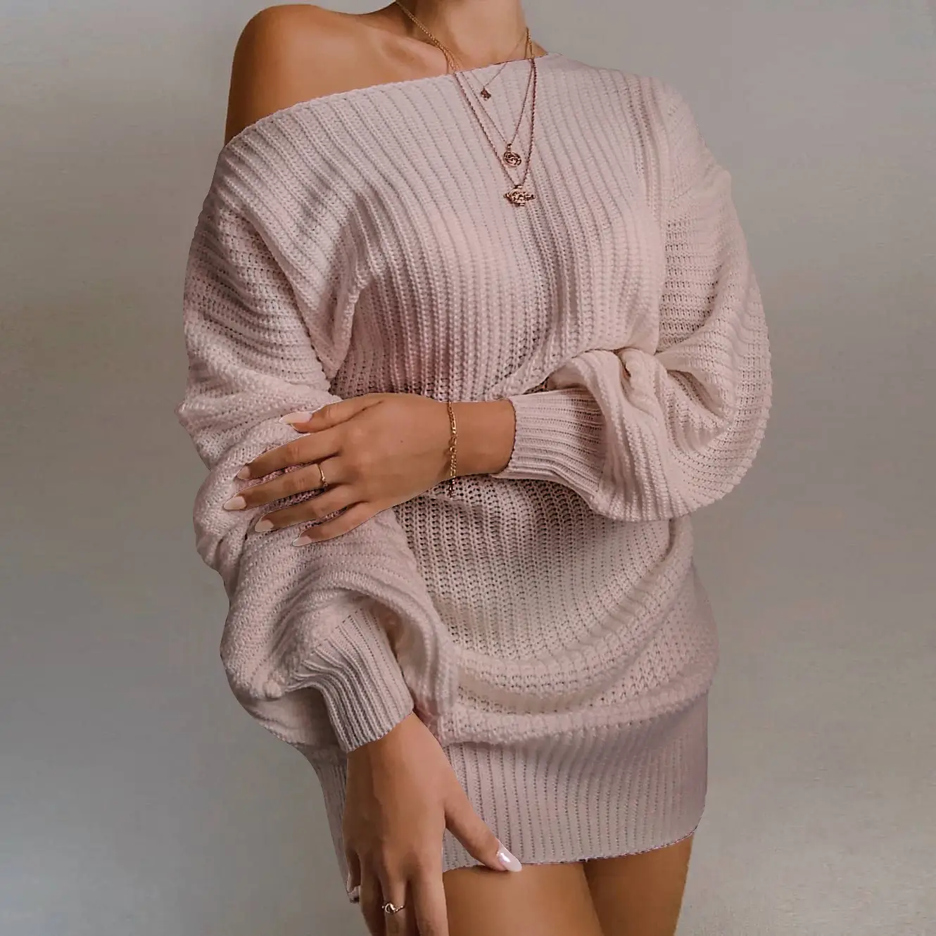 2025 Off-Shoulder Knitted Sweater Dress Beige - Image 8