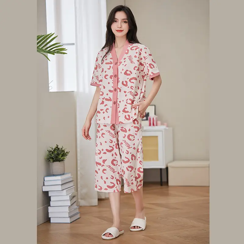 [Multiple Styles] Knitted Cotton Pajamas for Women, Summer Short-Sleeved Home Wear Set, Can Be Worn Outside, Comfortable and Breathable