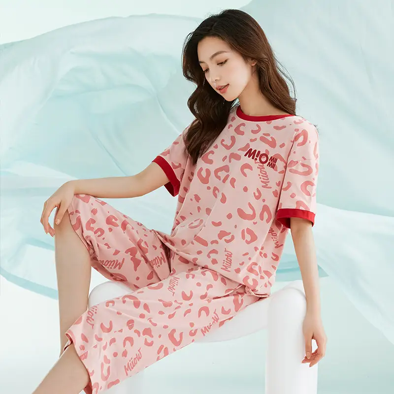 [Multiple Styles] Knitted Cotton Pajamas for Women, Summer Short-Sleeved Home Wear Set, Can Be Worn Outside, Comfortable and Breathable