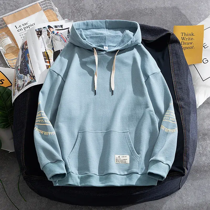 Men's Light Blue Hooded Sweatshirt Loose Fit Japanese Brand - Image 2