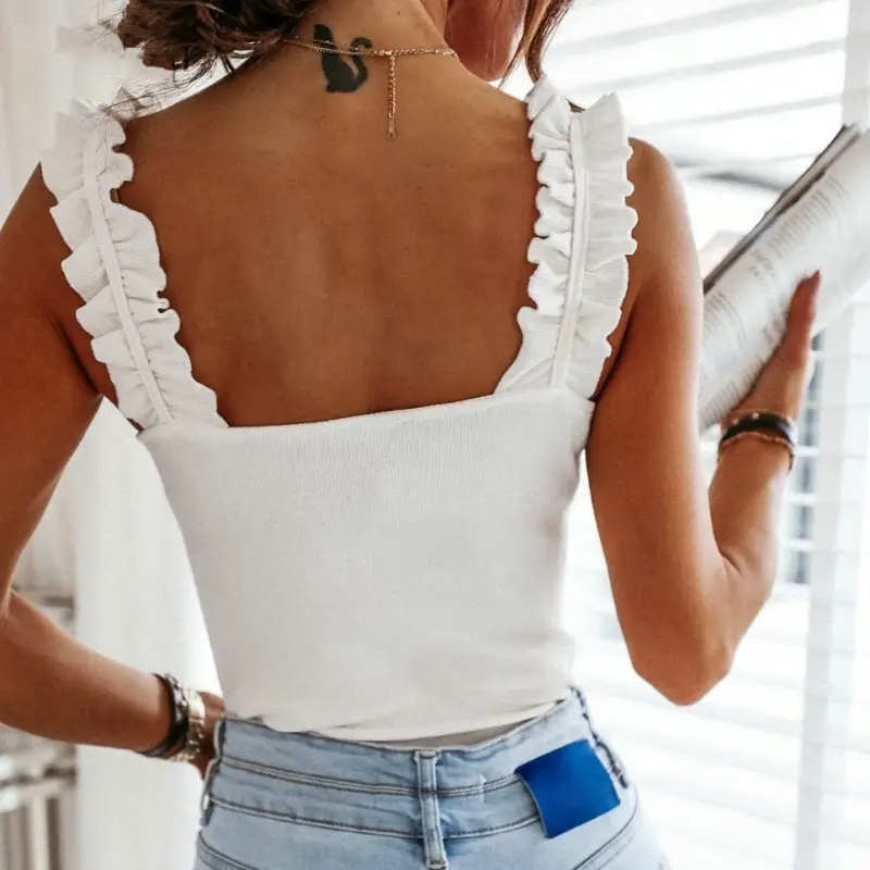 White Low-Cut Ruffled Sleeve Top with Belt
