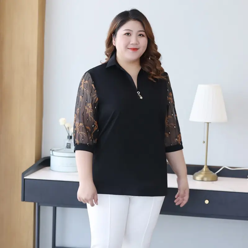 Plus Size Women Black Lace 3Q Sleeve Top