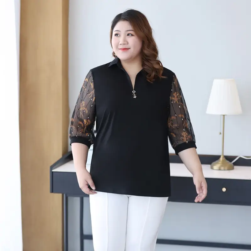Plus Size Women Black Lace 3Q Sleeve Top