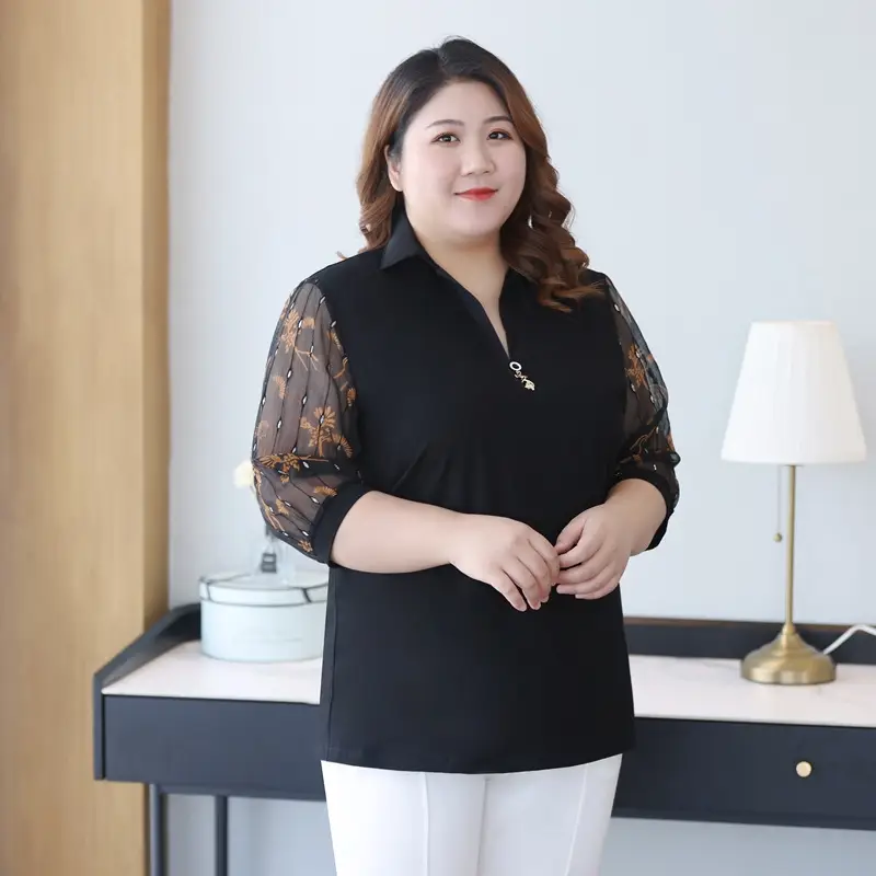 Plus Size Women Black Lace 3Q Sleeve Top