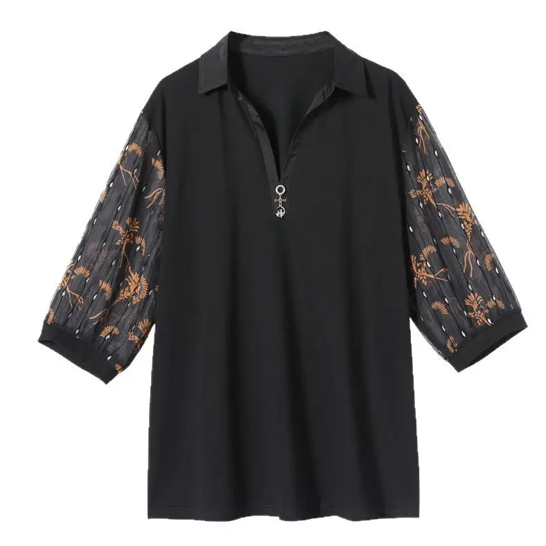Plus Size Women Black Lace 3Q Sleeve Top