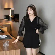 Plus Size Women Black Lace 3Q Sleeve Top — feature 4