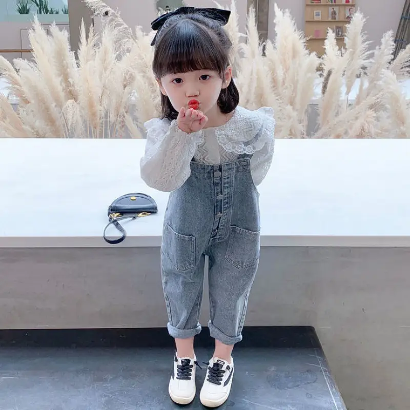 Girls Denim Overalls with Lace Shirt Two-Piece Suit - Image 5