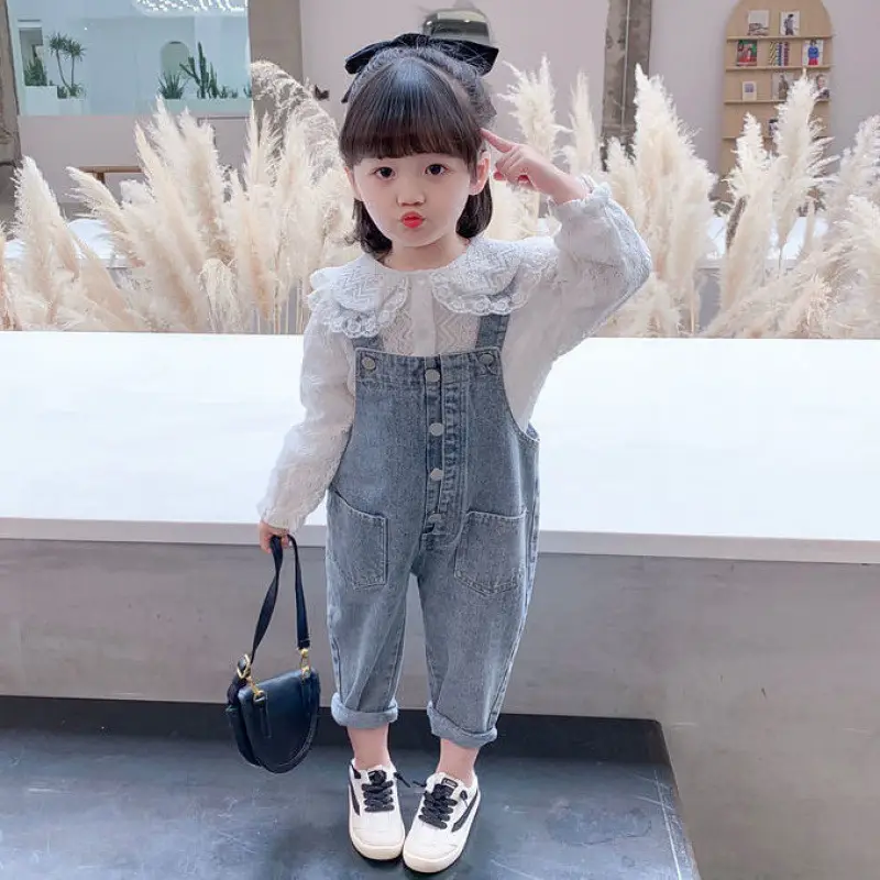 Girls Denim Overalls with Lace Shirt Two-Piece Suit - Image 6