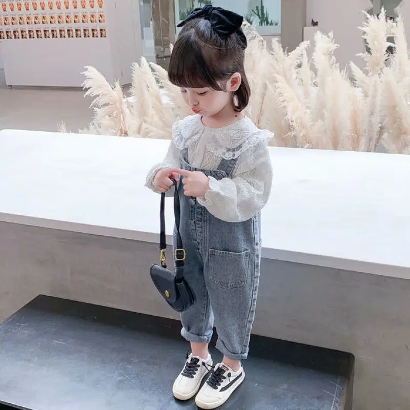Girls Denim Overalls with Lace Shirt Two-Piece Suit - Image 7