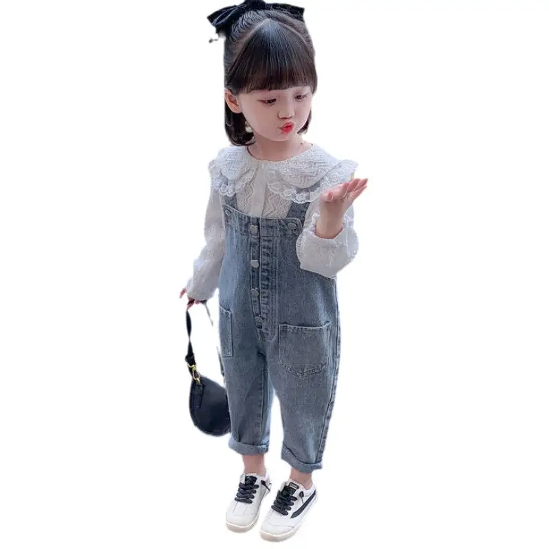 Girls Denim Overalls with Lace Shirt Two-Piece Suit - Image 8