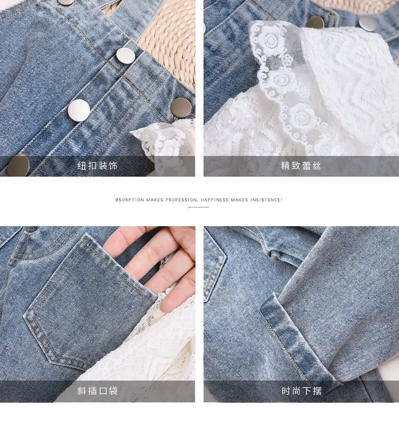Girls Denim Overalls with Lace Shirt Two-Piece Suit — feature 3