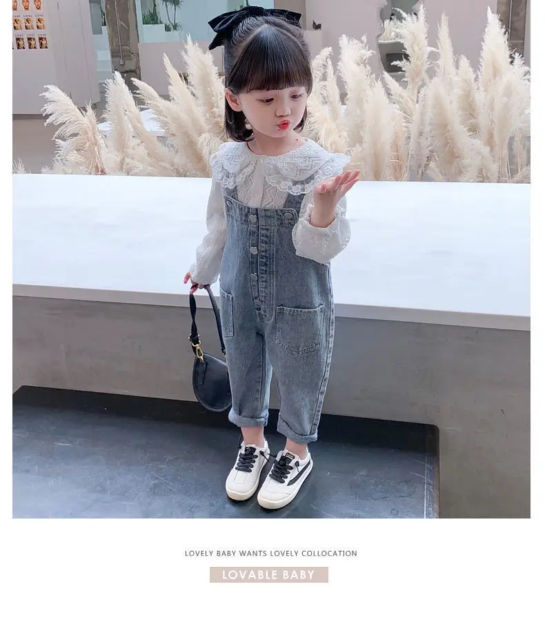 Girls Denim Overalls with Lace Shirt Two-Piece Suit — feature 7