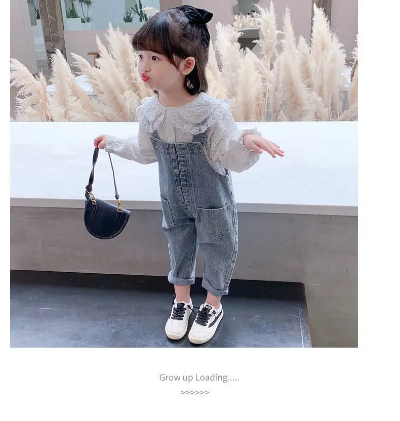 Girls Denim Overalls with Lace Shirt Two-Piece Suit — feature 8