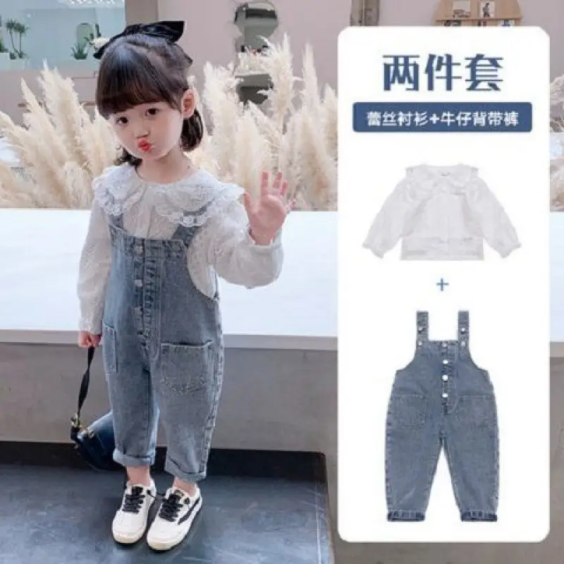 Girls Denim Overalls with Lace Shirt Two-Piece Suit - Image 3