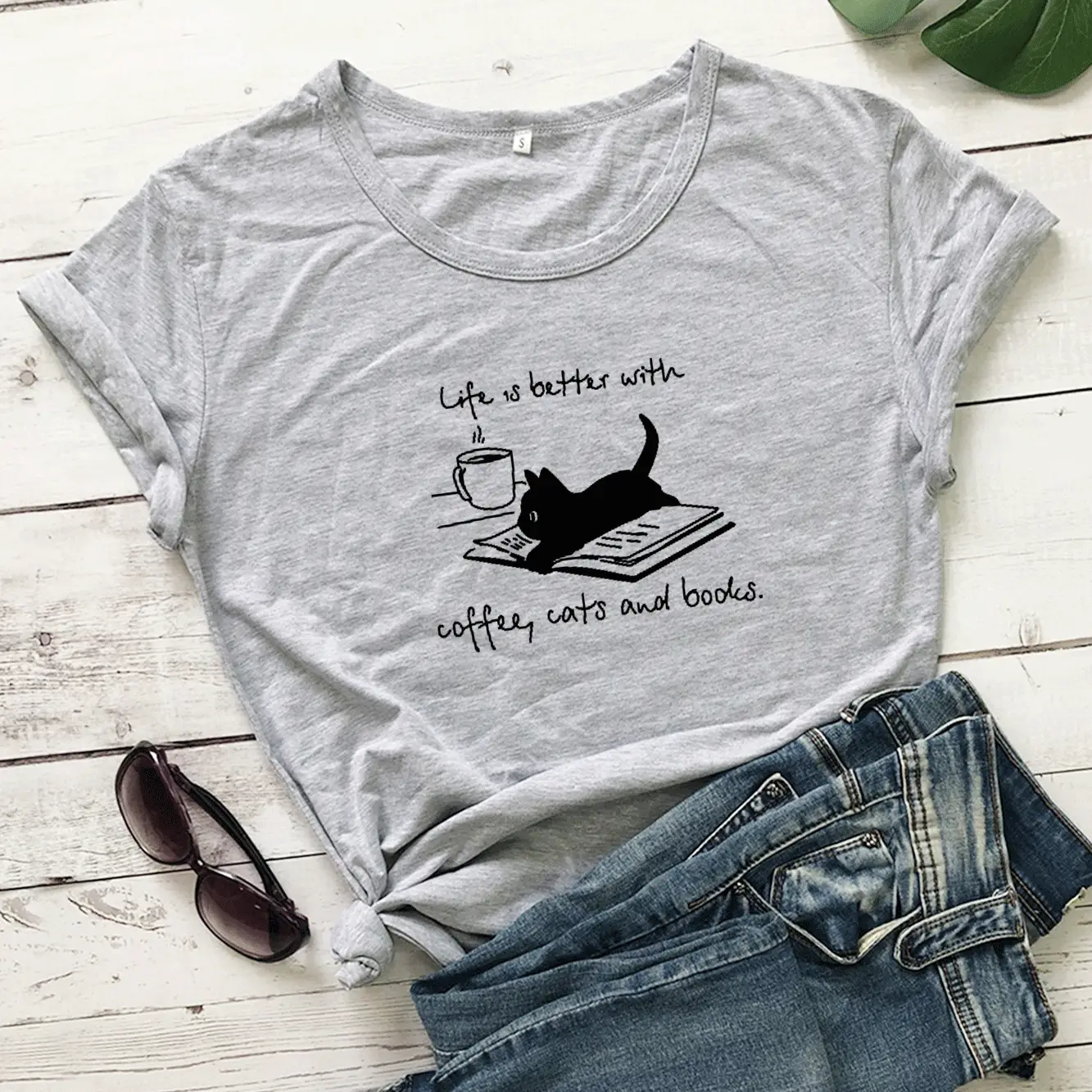 Pink T-Shirt with Cat Print, Coffee Cats Theme, Short Sleeve - Image 3