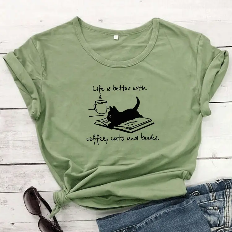 Pink T-Shirt with Cat Print, Coffee Cats Theme, Short Sleeve - Image 4