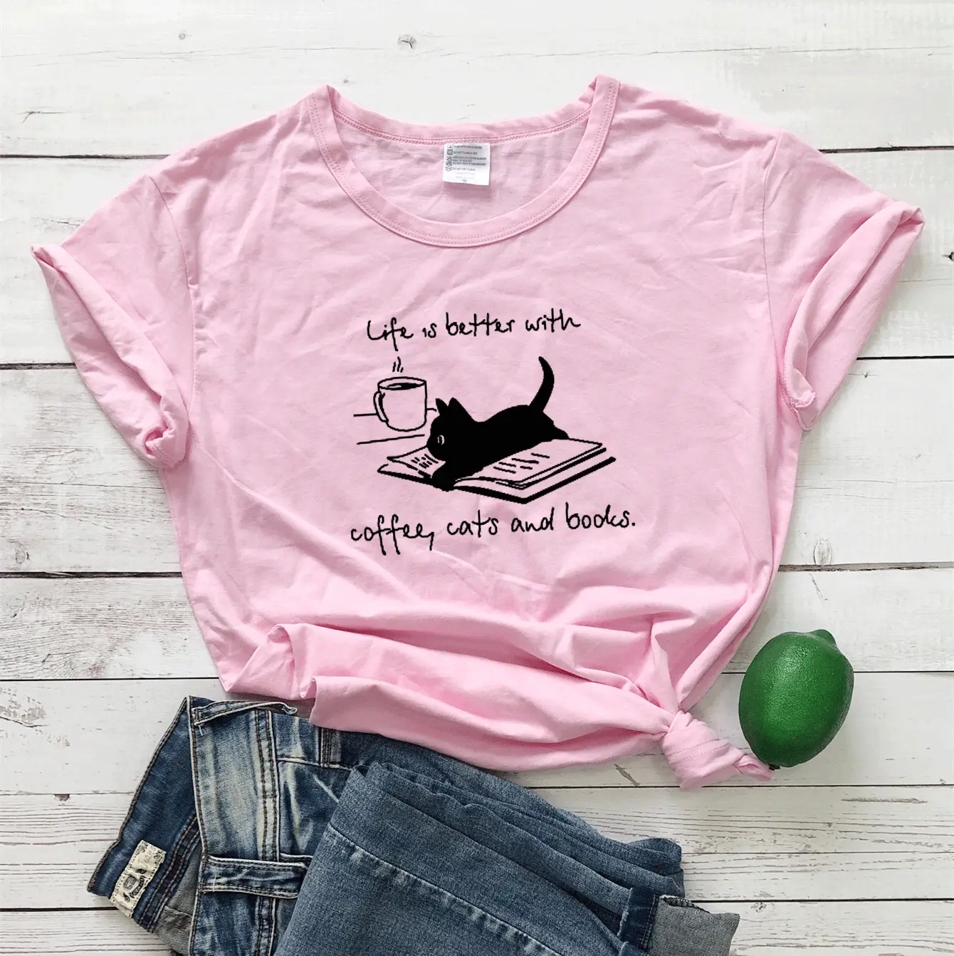 Pink T-Shirt with Cat Print, Coffee Cats Theme, Short Sleeve - Image 6