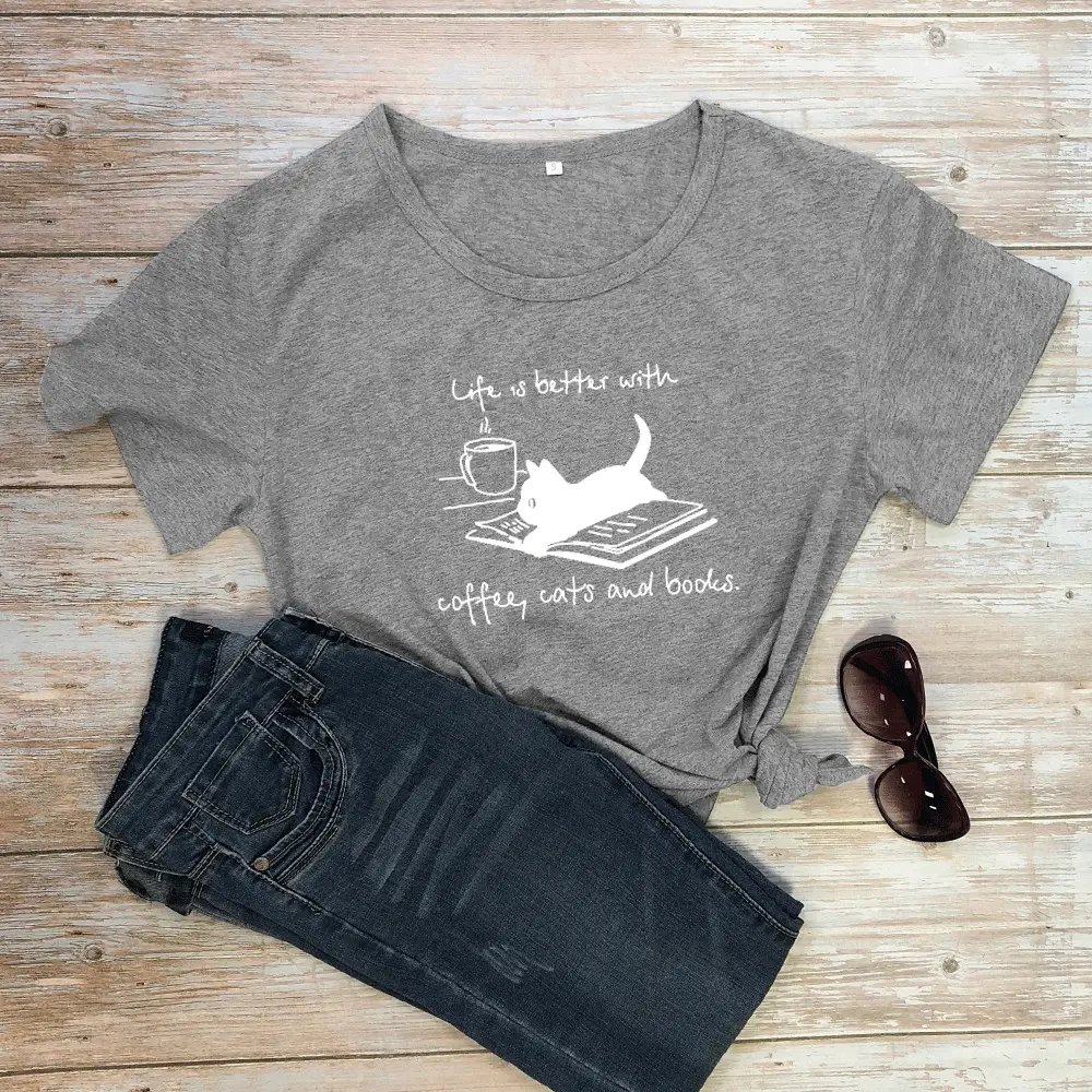 Pink T-Shirt with Cat Print, Coffee Cats Theme, Short Sleeve - Image 7