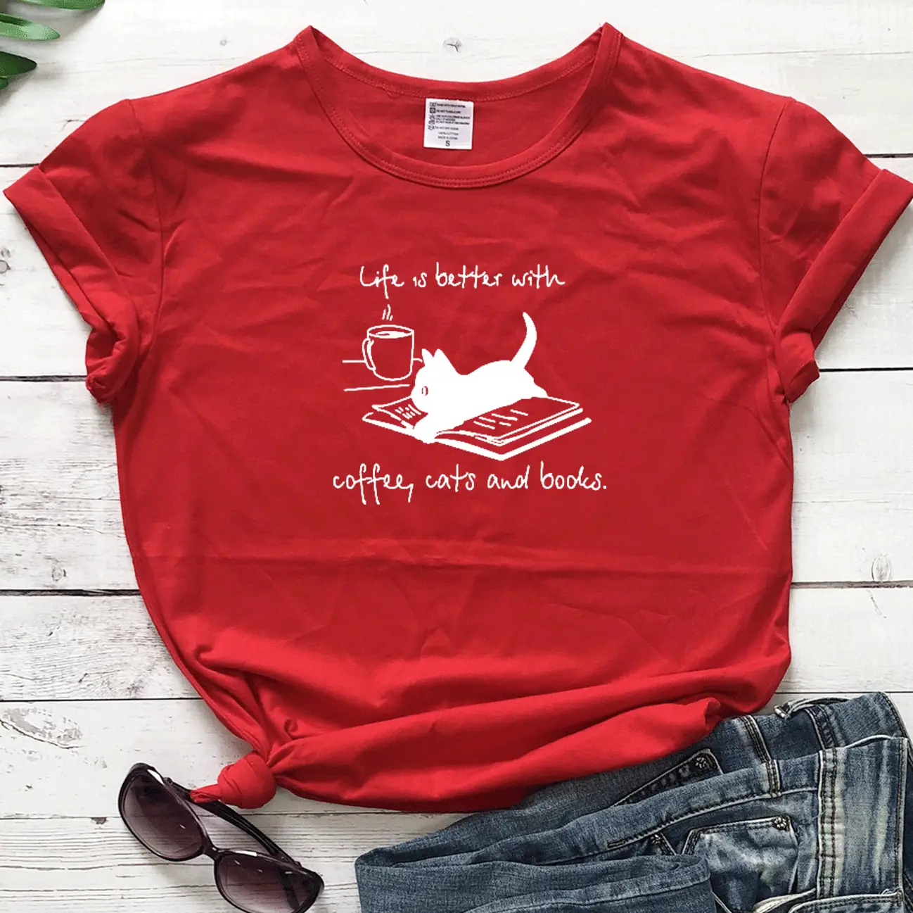 Pink T-Shirt with Cat Print, Coffee Cats Theme, Short Sleeve - Image 8