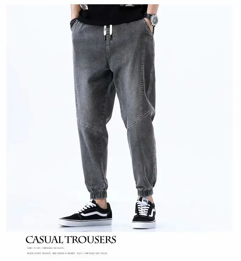 Men Grey Denim Ankle Pants 2020 Summer Loose Fit - Image 6