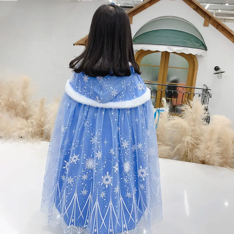 Carefully Selected Frozen Cape and Cloak with Vest, Elsa Princess Style, Autumn and Winter Children's Tie-On Warm Outerwear for Older Kids