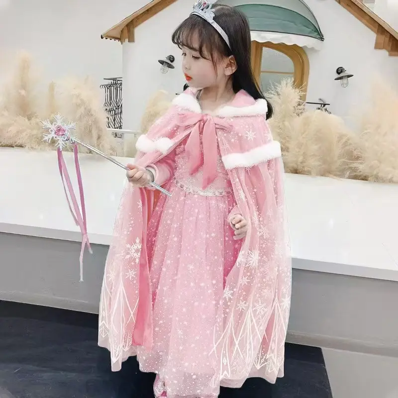 Carefully Selected Frozen Cape and Cloak with Vest, Elsa Princess Style, Autumn and Winter Children's Tie-On Warm Outerwear for Older Kids