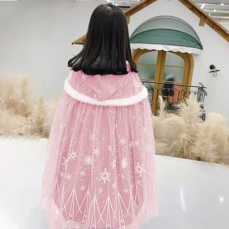 Carefully Selected Frozen Cape and Cloak with Vest, Elsa Princess Style, Autumn and Winter Children's Tie-On Warm Outerwear for Older Kids