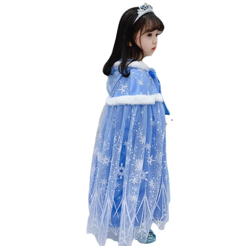 Carefully Selected Frozen Cape and Cloak with Vest, Elsa Princess Style, Autumn and Winter Children's Tie-On Warm Outerwear for Older Kids