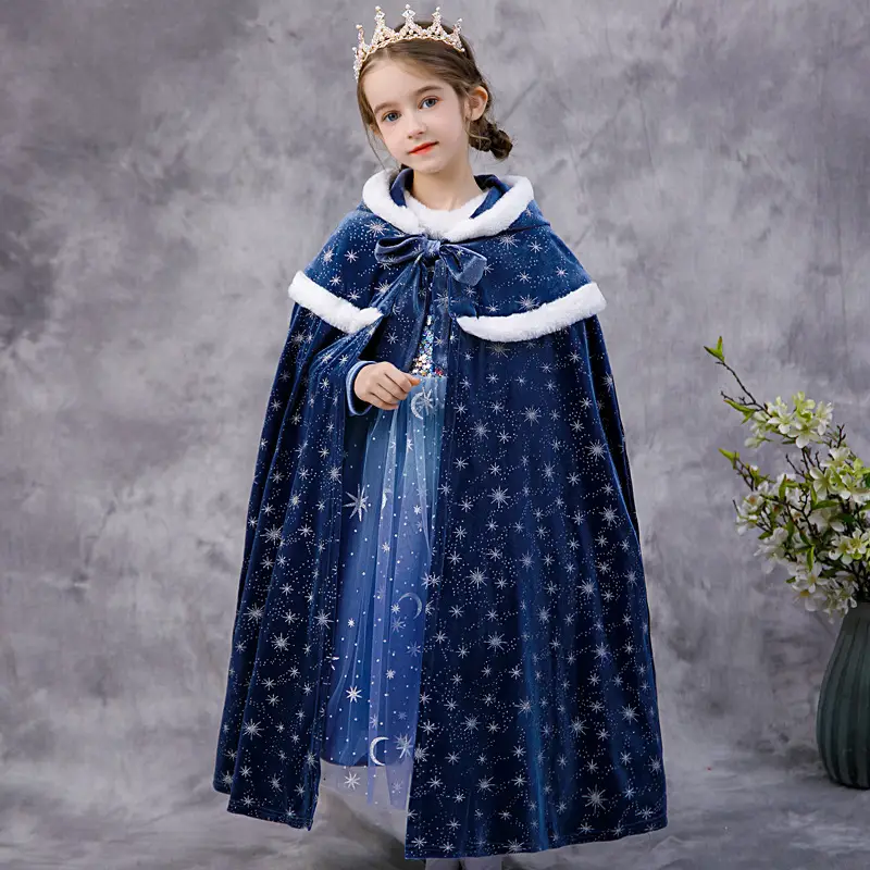 Carefully Selected Frozen Cape and Cloak with Vest, Elsa Princess Style, Autumn and Winter Children's Tie-On Warm Outerwear for Older Kids