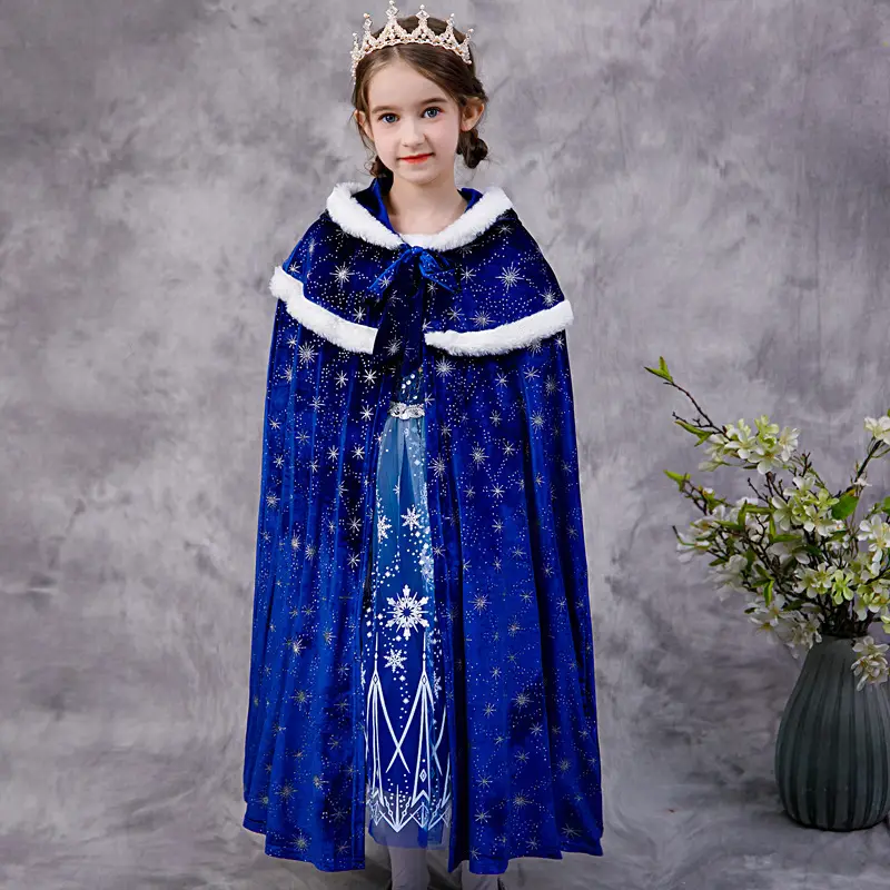 Carefully Selected Frozen Cape and Cloak with Vest, Elsa Princess Style, Autumn and Winter Children's Tie-On Warm Outerwear for Older Kids