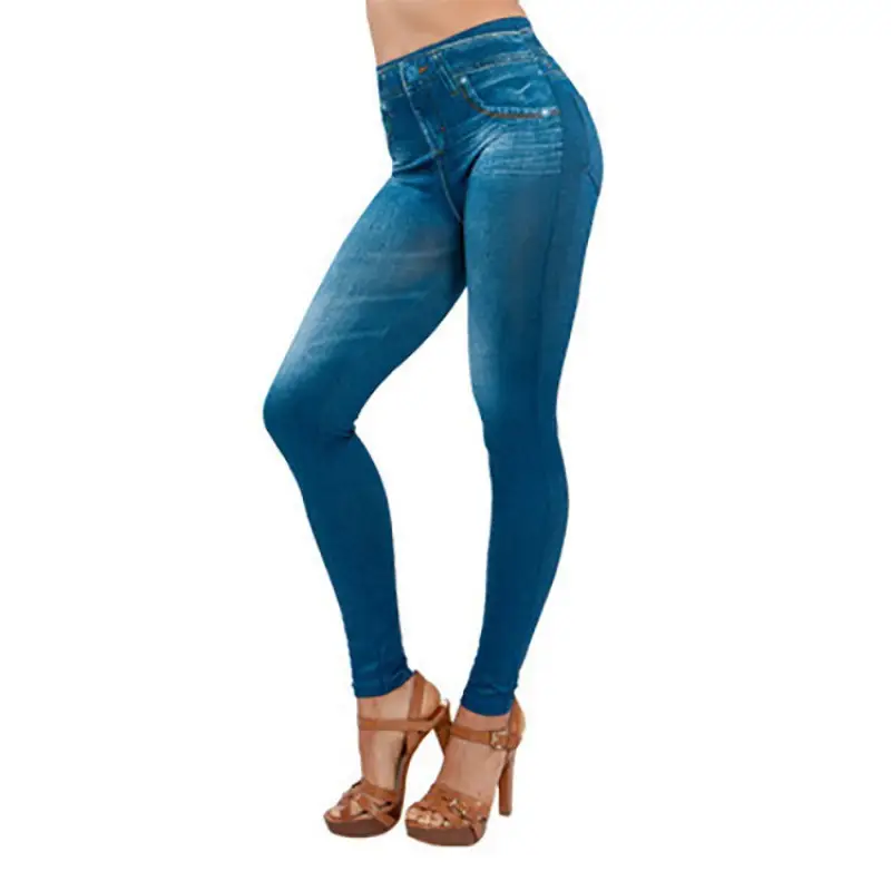 Women's Blue Fake Pocket Fleece Lined Leggings
