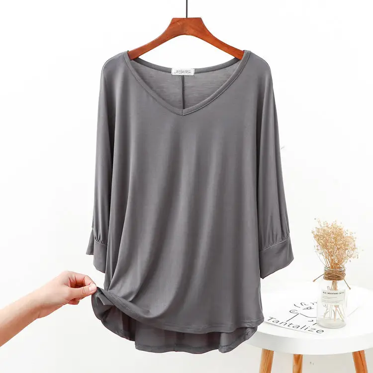 Women Grey V-Neck Modal T-Shirt Large - Image 16