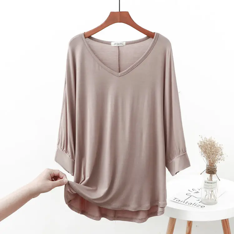 Women Grey V-Neck Modal T-Shirt Large - Image 8