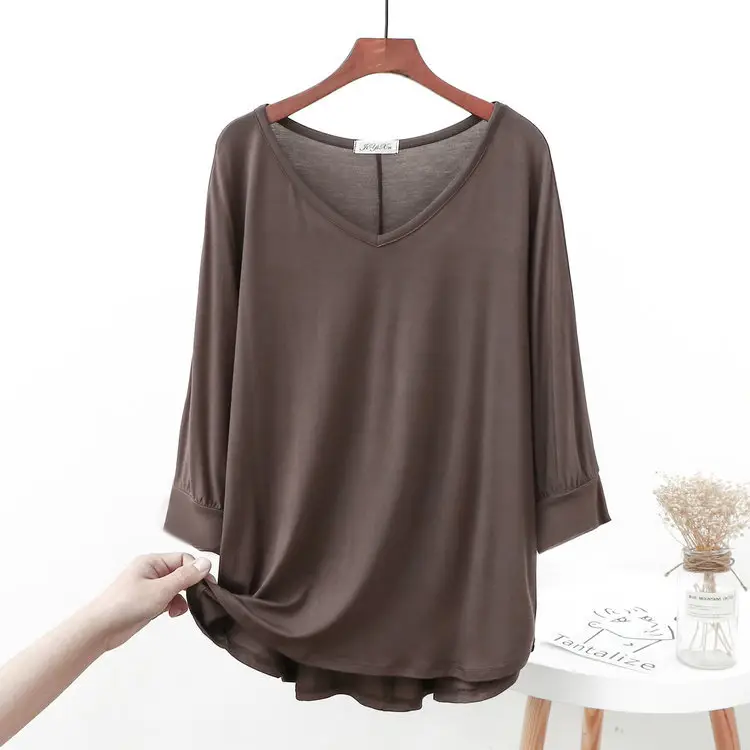 Women Grey V-Neck Modal T-Shirt Large - Image 9