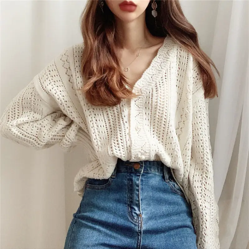 Women Crochet Hollow Knitted V-Neck Cardigan with Tulle Skirt - Image 4