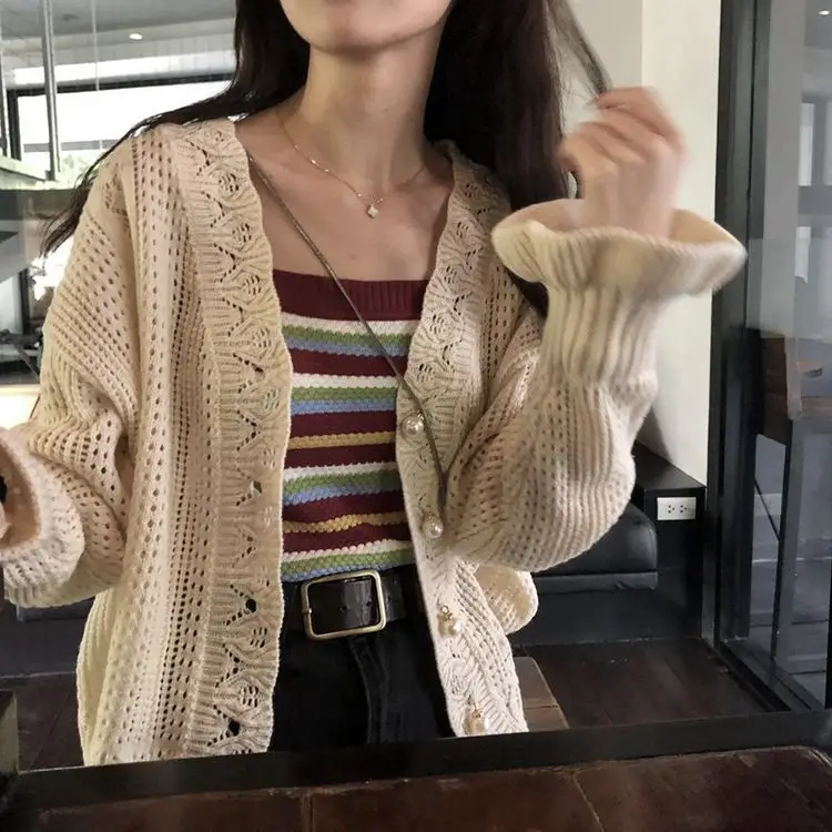 Women Crochet Hollow Knitted V-Neck Cardigan with Tulle Skirt - Image 3
