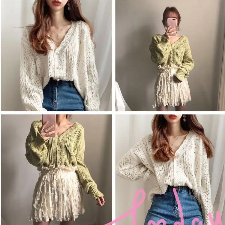 Women Crochet Hollow Knitted V-Neck Cardigan with Tulle Skirt — feature 1