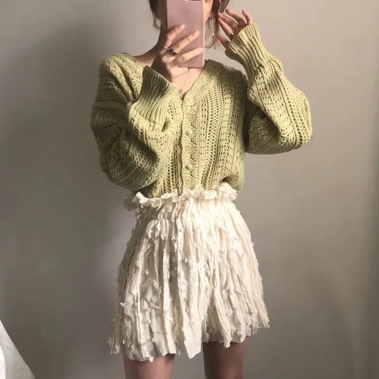Women Crochet Hollow Knitted V-Neck Cardigan with Tulle Skirt — feature 10