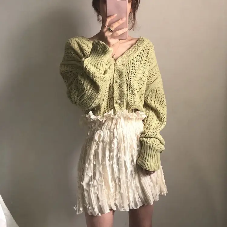 Women Crochet Hollow Knitted V-Neck Cardigan with Tulle Skirt — feature 11