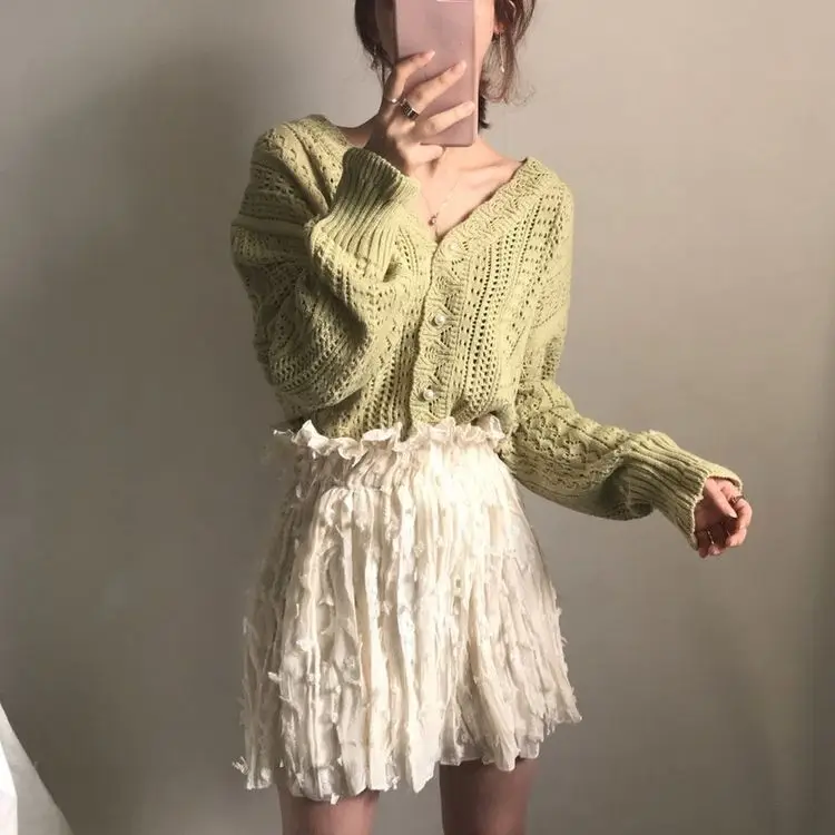 Women Crochet Hollow Knitted V-Neck Cardigan with Tulle Skirt — feature 12