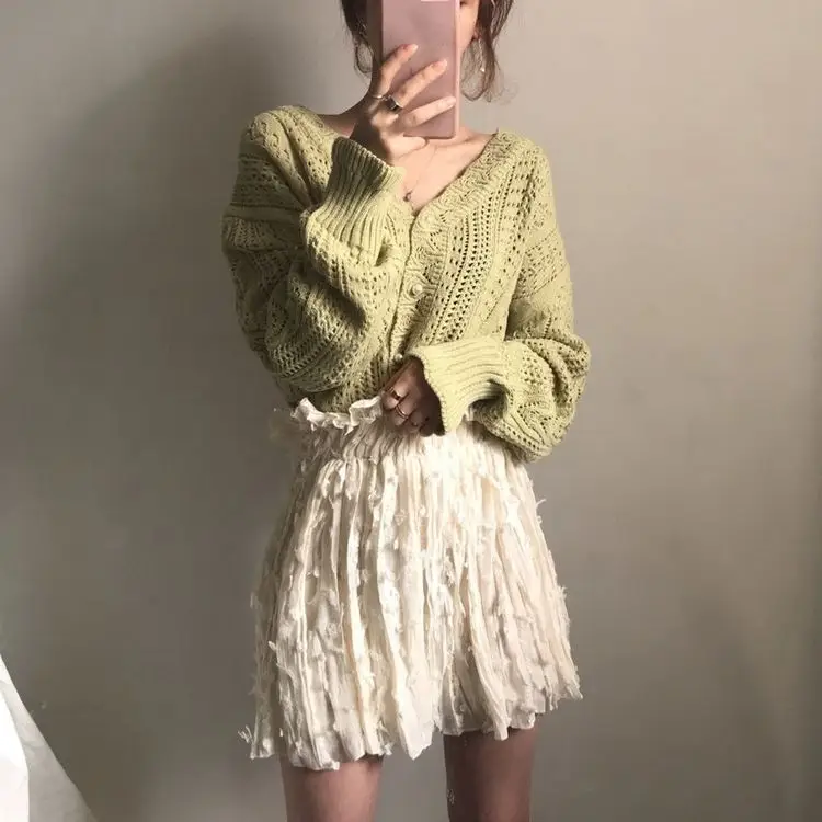 Women Crochet Hollow Knitted V-Neck Cardigan with Tulle Skirt — feature 13