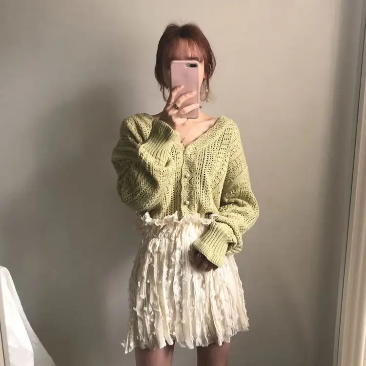 Women Crochet Hollow Knitted V-Neck Cardigan with Tulle Skirt — feature 14