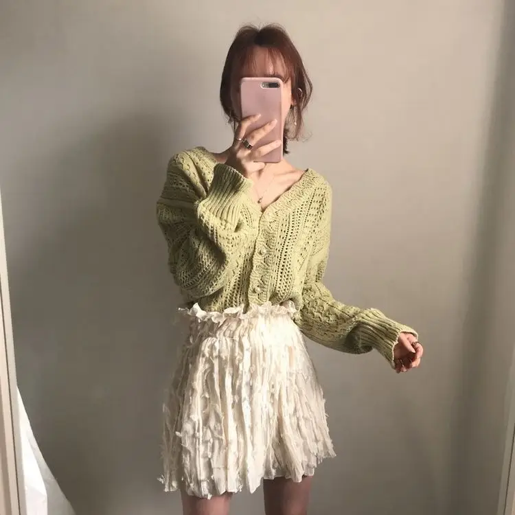 Women Crochet Hollow Knitted V-Neck Cardigan with Tulle Skirt — feature 15