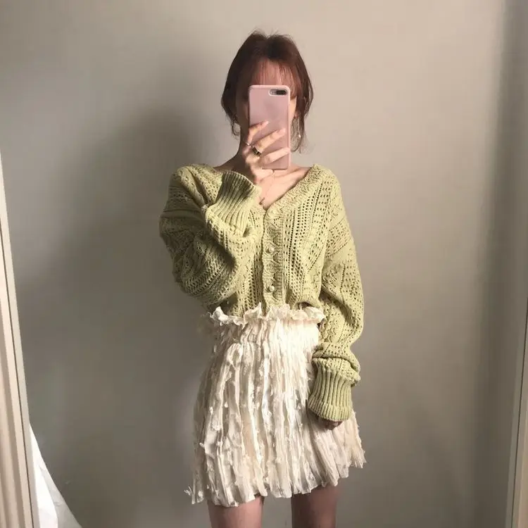 Women Crochet Hollow Knitted V-Neck Cardigan with Tulle Skirt — feature 16