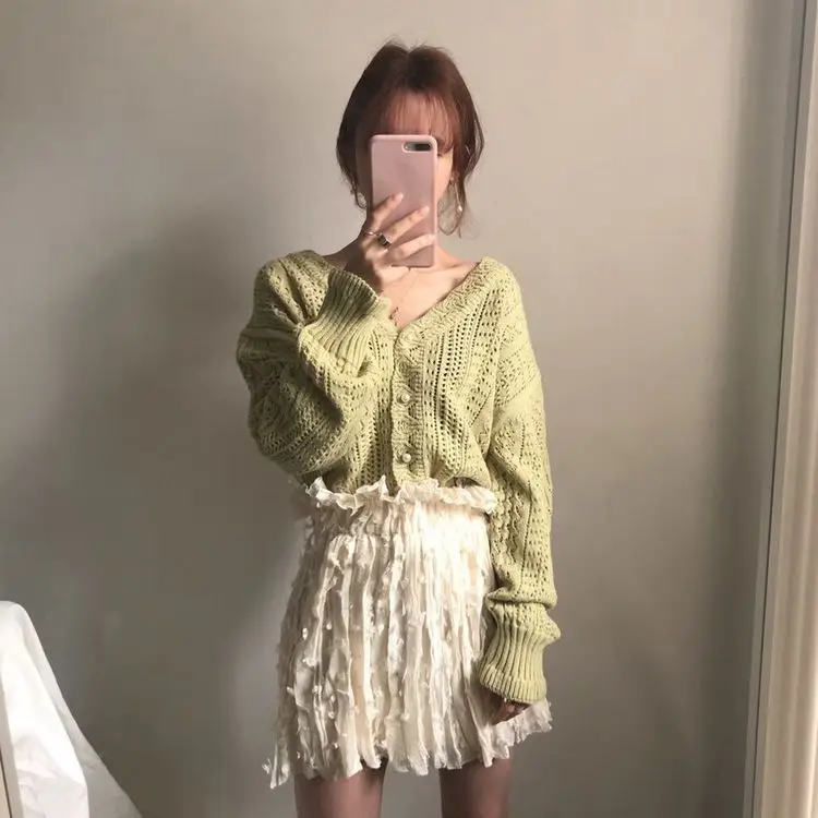 Women Crochet Hollow Knitted V-Neck Cardigan with Tulle Skirt — feature 17