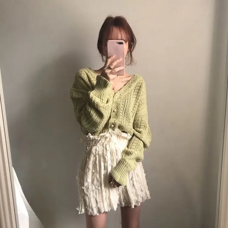 Women Crochet Hollow Knitted V-Neck Cardigan with Tulle Skirt — feature 18