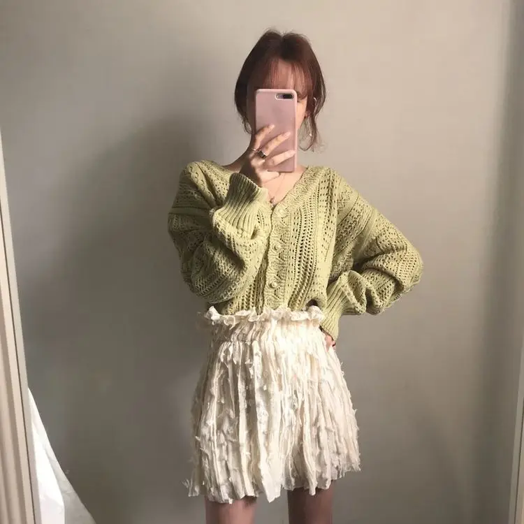 Women Crochet Hollow Knitted V-Neck Cardigan with Tulle Skirt — feature 19