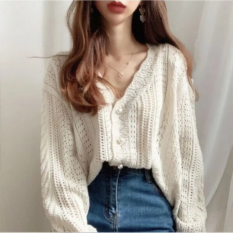 Women Crochet Hollow Knitted V-Neck Cardigan with Tulle Skirt — feature 2